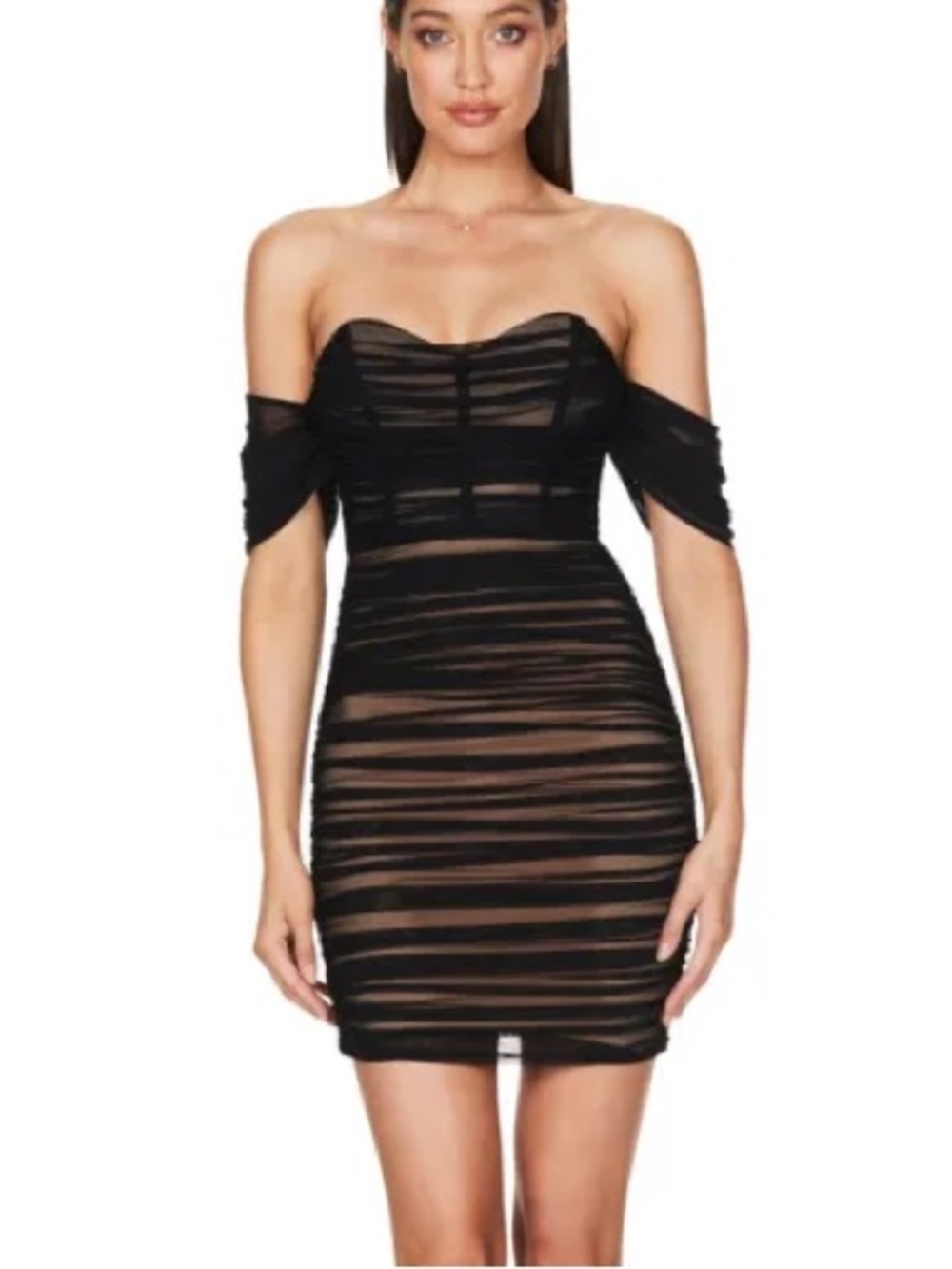 Nookie Eden Off Shoulder Black Mesh Ruched Corset Mini Dress Nude XS